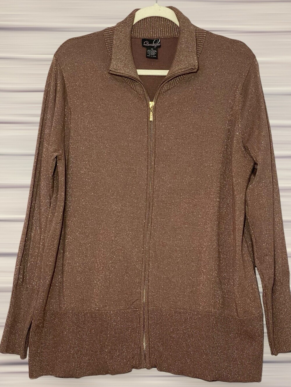 Questions Plus 2X Bronze Metallic Full Zip Mock Neck Sweater Glam Shimmer
